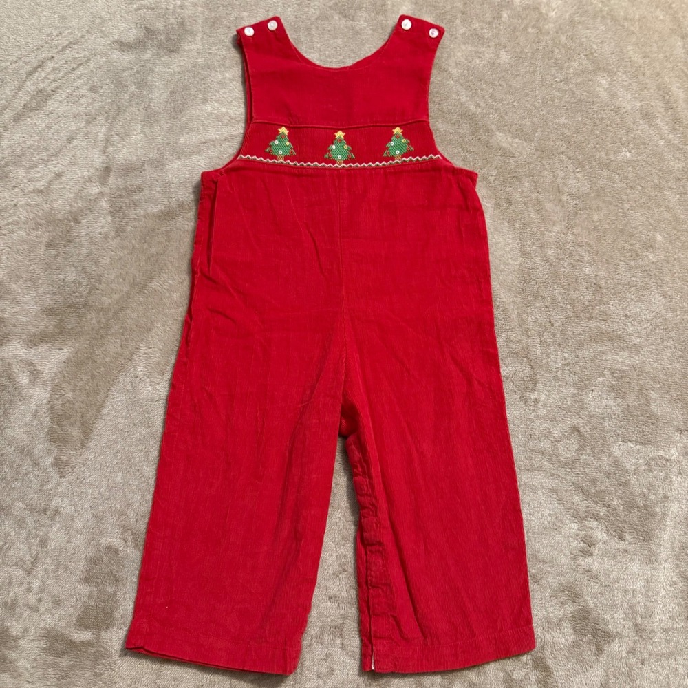 Edgehill Collection Toddler Red Corduroy Smocked Christmas Tree Overalls 24M